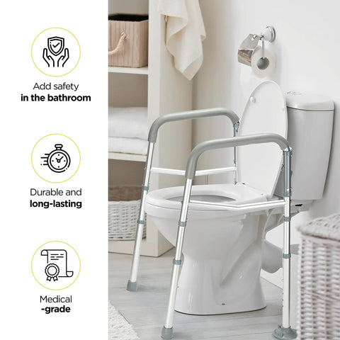 Adjustable Detachable Toilet Safety Frame With Handles in bathroom, fits round toilets, showing standalone rail for support.