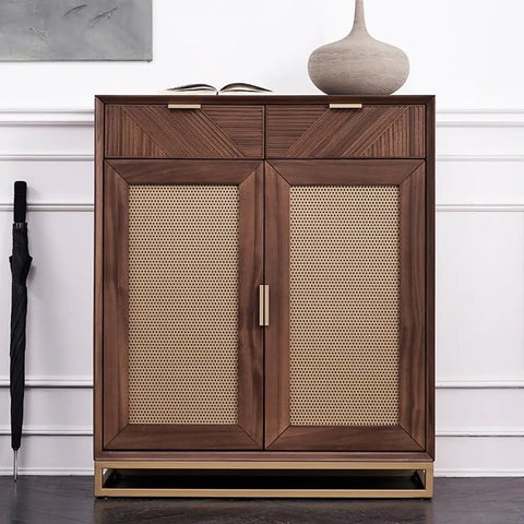Solid Wood Shoe Cabinet Featuring Modern Minimalist Profiles Tailored For Tight Foyer Layouts And Walk In Closets, rich black walnut finish.