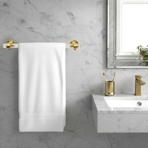 Lucite Open Bracket Towel Bar Wall Mount For Bathroom And Kitchen Dope Rust Resistant Brass With Clear Acrylic Modern Towel Rack Holder For Easy Access 18 x 2.1 x 2.1 Inches in a modern bathroom setting with a towel