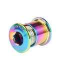 Top Shelf Grade 5 Titanium Chainring Bolts For Mountain And Road Bikes Badass M8x6Millimeter colorful titanium bolt close-up view.