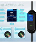 LED display of Top Shelf Portable EV Charger Featuring Slick 16 Amp SAE J1772 And Type Two Plugs providing power details.