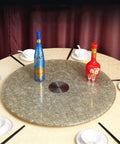 Round Lazy Susan Turntable With 80 Cm Tempered Glass Tray on dining table with bottles and chopsticks
