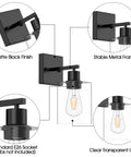 Diagram of Black Wall Sconces Set of Two Farmhouse Rustic Bathroom Sconces With Glass Shade Modern UL Listed Vanity Lights details.