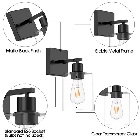 Diagram of Black Wall Sconces Set of Two Farmhouse Rustic Bathroom Sconces With Glass Shade Modern UL Listed Vanity Lights details.