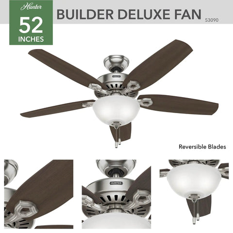52 Inch Indoor Ceiling Fan With Energy Efficient LED Light And Included Bulbs, Pull Chain, Brushed Nickel Finish, 5 Blades