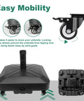 Heavy Duty Patio Umbrella Base With Wheels For Outdoor Square Market Stand, 4 Locks And 2 Knobs, black base and wheel details