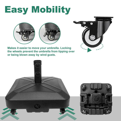 Heavy Duty Patio Umbrella Base With Wheels For Outdoor Square Market Stand, 4 Locks And 2 Knobs, black base and wheel details