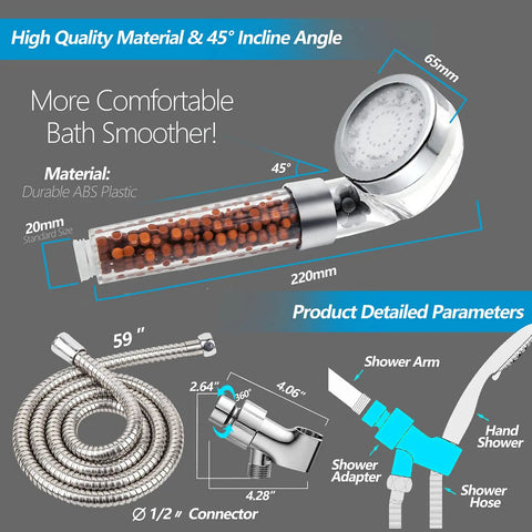 High Pressure Shower Head With Handheld Sprayer And Hose Holder, Filtration Bead Stone System For Purified Alkaline Water, PTFE Tape Included