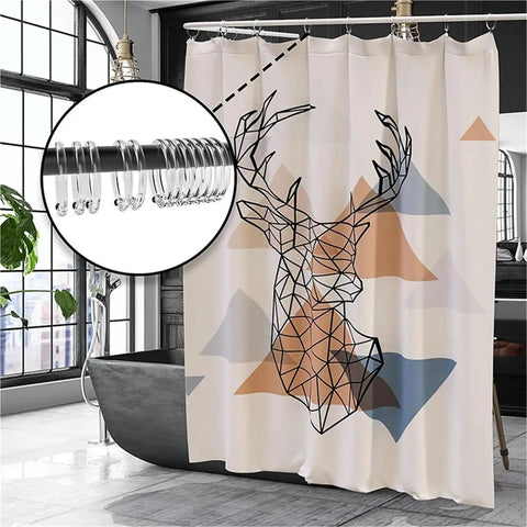 Close-up of 72 Pack Plastic Shower Curtain Rings O Shaped Hooks That Glide Smoothly On Standard Curtain Rods with curtain and illustration