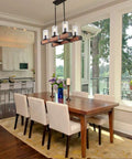 Farmhouse Dining Room Chandelier With 6 Glass Shade Lights, Vintage Pendant Lighting Fixture, over dining table in cozy interior