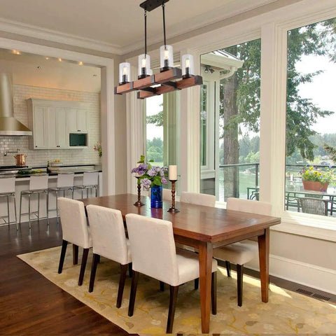 Farmhouse Dining Room Chandelier With 6 Glass Shade Lights, Vintage Pendant Lighting Fixture, over dining table in cozy interior