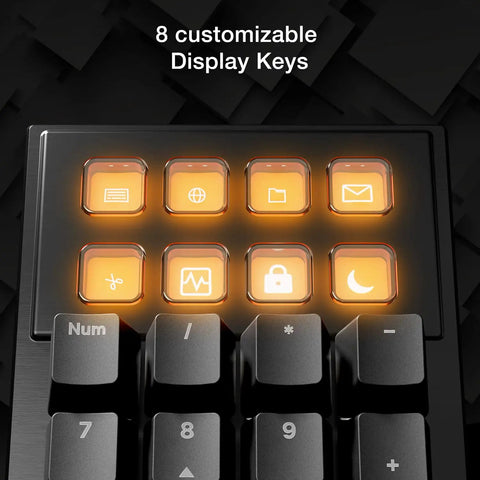 Premium Modular Gaming Keyboard With Butter Smooth Silent Linear Switches And Hot Swappable Numpad Plus Integrated Media Dock showing 8 customizable display keys.