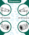 Four-view diagram of POWER TOWN 3/8in stainless steel quick-connect fittings with NPT male and female adapters