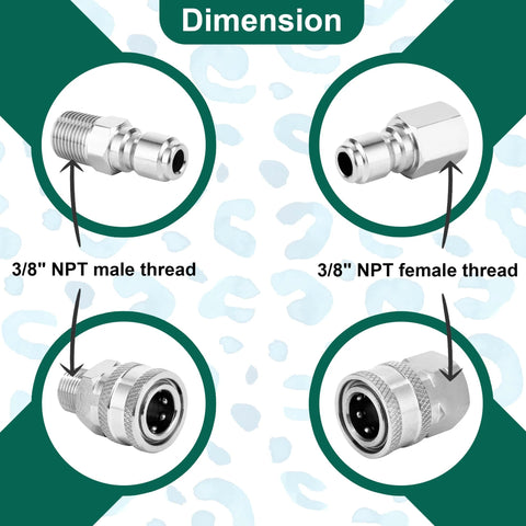 Four-view diagram of POWER TOWN 3/8in stainless steel quick-connect fittings with NPT male and female adapters