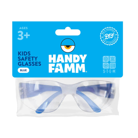 Kids Blue Safety Glasses Lightweight Protective Eyewear For School And Lab Use Comfortable All Day Fit Scratch Resistant For STEM Projects Outdoor Play And Chemistry Experiments in blue retail packaging.