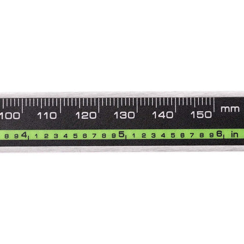 Close-up of 150mm scale on Digital Caliper Stainless Steel With Large LCD Screen 6 Inch 150mm Fraction And Metric Conversion Electronic Vernier