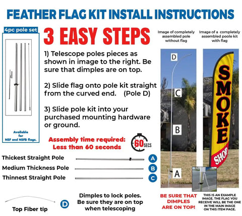 Feather Banner Swooper Flag Advertising Kit installation instructions with images of telescopic pole pieces and assembled flag kit.