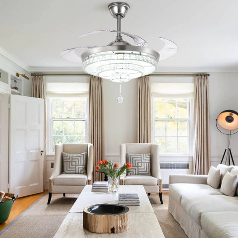 Crystal Ceiling Fan With Lights Retractable Fandelier In Modern Chrome Remote Control 3 Speeds 3 Color Temperatures in living room
