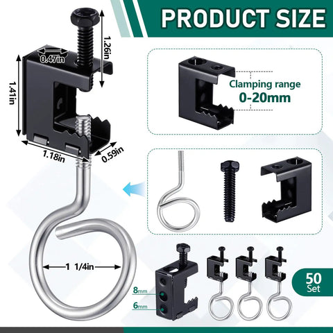 50 Piece Set Of Spring Steel One Quarter Inch Twenty Beam Clamps And One And A Quarter Inch Bridle Rings Bolt On Hangers Kit For Pipe Cable Woodworking And Metalworking Projects beam clamp and bridle ring sizes
