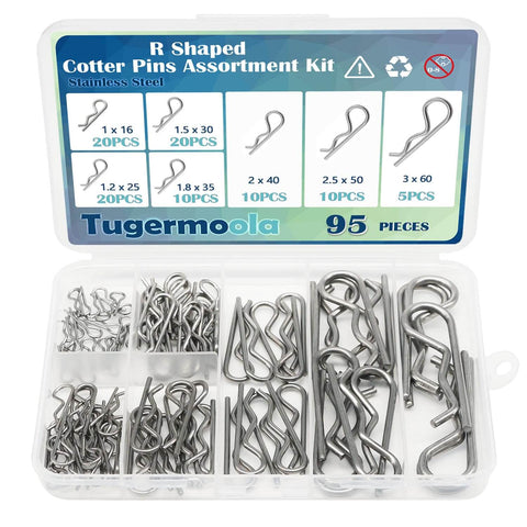 95 Piece Dope Stainless Steel Hitch Pin Clip Set With 7 Sizes R Shaped Cotter Pins Fasteners For Auto ATV Trailer And DIY Projects Includes M1x16 M1.2x25 M1.5x30 M1.8x35 M2x40 M2.5x50 And M3x6 in a clear plastic box