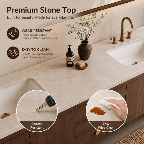 Gimme This Dope 60 Inch Freestanding Double Sink Bathroom Vanity Built From Solid Wood With Dual Stone Basins Smart Anti Fog Mirror And Heavy Duty Waterproof Storage For Zero Hassle Setup Vibes with premium stone top detail.