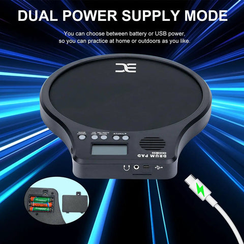 3 In 1 Portable Digital Drum Pad With Metronome Speed Detection And Tap Counter 10 Inch TPR Practice Pad shown with dual power mode