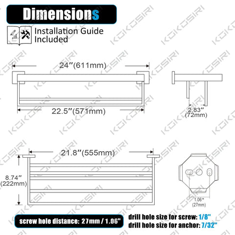 Dimensions diagram of 24 Inch Double Towel Rack And Shelves In Brushed Nickel Stainless Steel Wall Mount With Rustproof SUS304.