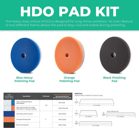HDO Pad Kit featuring Blue Heavy Polishing Pad, Orange Polishing Pad, Black Finishing Pad; fits 5-inch backing plates.