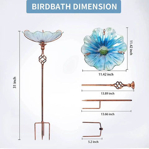 Blue Glass Bird Bath And Feeder With Metal Stake For Yard And Garden 31 Inch Outdoor Height Four Pronged Stable Base Easy Setup