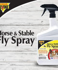 Horse And Stable Fly Spray Ready To Use 32 Oz Long Lasting Bug Killer Insecticide bottle with label on wooden background