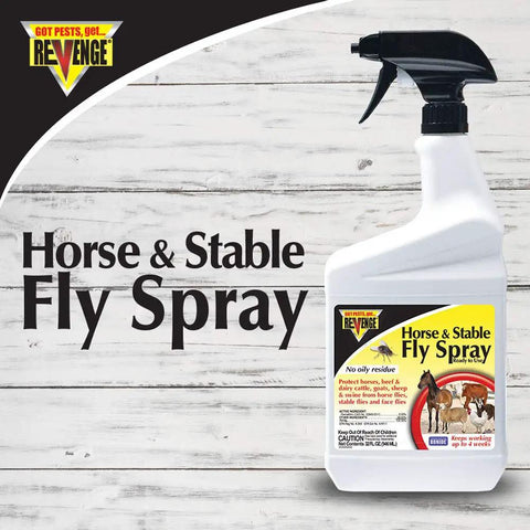 Horse And Stable Fly Spray Ready To Use 32 Oz Long Lasting Bug Killer Insecticide bottle with label on wooden background