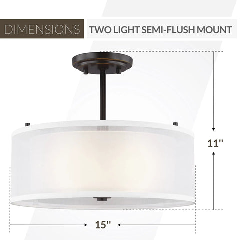 Elmwood Park Two Light Bronze Semi Flush Ceiling Fixture dimensions with satin etched glass and off white organza silk shade