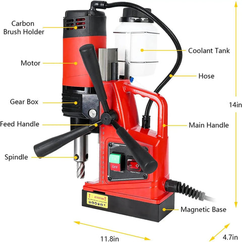 Heavy Duty 110V Magnetic Drill Press With 1300W Power, 810 RPM, 1.6 Inch Boring Capacity, featured parts including motor, handle, coolant tank.
