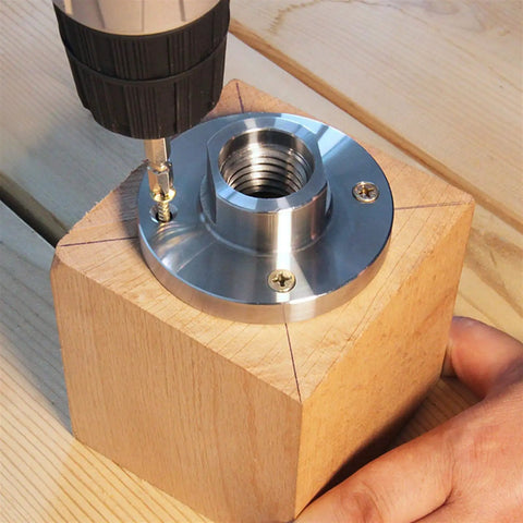 Heavy Duty 4 Inch Wood Lathe Face Plate With Compatible M33 M18 And 1 X 8 Tpi Threads Built Tough Steel Construction, mounted on wood block.