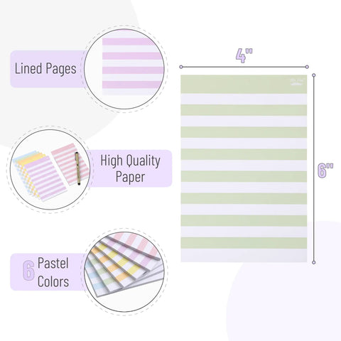 Lined Sticky Notes 4x6 Inch, 6 Pads With 45 Sheets Each showing horizontal lines, high-quality paper, and 6 pastel colors.