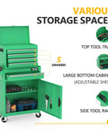 Heavy Duty Rolling Tool Chest With Lockable Swivel Wheels And Easy Pop Off Detachable Top featuring five knockout drawers, adjustable shelf, and top tool tray.