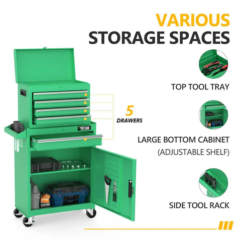 Built Tough Five Drawer Rolling Tool Chest With Lockable Heavy Duty Casters And Detachable Work Surface Plus Roomy Bottom Cabinet And Adjustable Metal Shelf For Mechanics And Garage Shops in green color, showing five drawers and bottom cabinet.