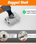 Hammer striking 10 Pack 50 Amp Battery Quick Connect Disconnect Plug Kit, illustrating rugged shell durability with diagram overlays.
