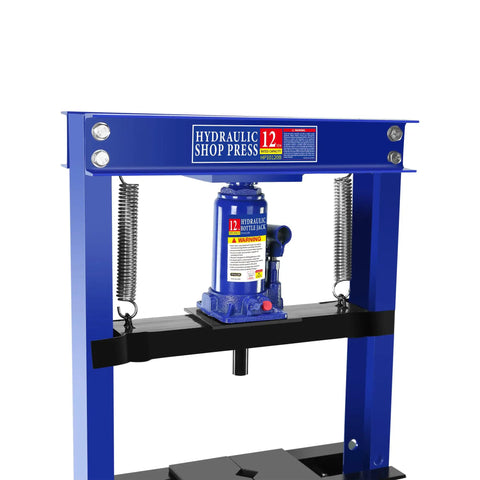Heavy Duty 12 Ton Hydraulic Shop Press With H Frame Garage Floor Workhorse Adjustable Working Table Height Thick Steel Plates Powder Coated Durable Carbon Steel Construction Perfect For Auto Body Metalworking And Home Shops, close-up view
