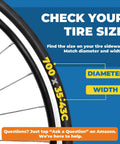 Close-up of bike wheel with text instructions on finding 700x35C to 700x43C tire size, focus on diameter and width.