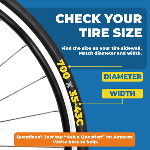 Close-up of bike wheel with text instructions on finding 700x35C to 700x43C tire size, focus on diameter and width.