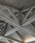 Heritage Gray Reactive Water Based VOC Free Interior Wood Stain 55 Gallon Tank applied to rustic wood beams ceiling.