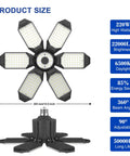 LED Garage Lights 6 Pack 220W With 6 Plus 1 Deformable Panels showing dimensions and features chart