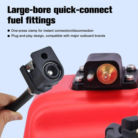 Close-up of Three Gallon Portable Boat Gas Tank 12L Marine Gas Tank With Marine Fuel Line Connector Hose showing fuel fittings.