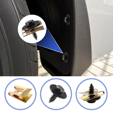 Close-up of All In One Car Fastener Kit With 100 Pieces Screws Bolts Undertray Clips Plastic Rivets U Nuts Engine Under Cover Splash Shield Replacement By Uolor Universal Fit For Auto Body Fender showing installation on vehicle.
