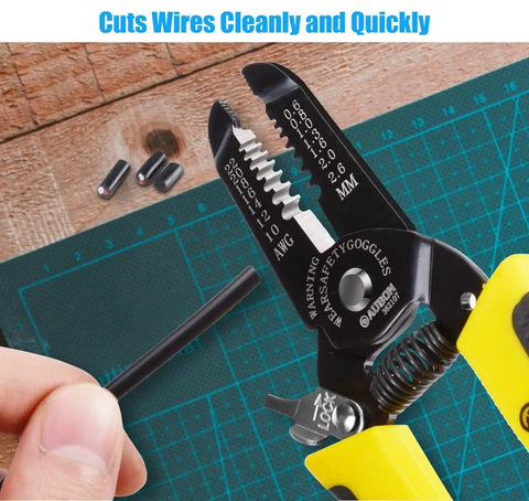 2-Pack Pro-Grade Wire Stripper And Cutter Set For 10-22 AWG cutting wire on wooden surface