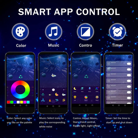 Smart app showing Soccer Ball Shaped Constellation Projector Night Light With Bluetooth Speaker And USB Charger features