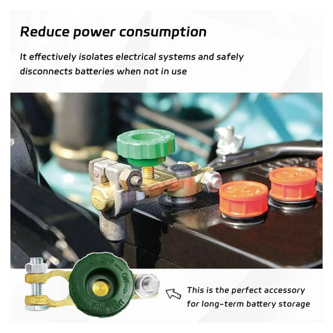 Heavy Duty Two Pack Top Post Battery Disconnect Switch installed on a battery, featuring copper terminals for 12 Volt 24 Volt use.