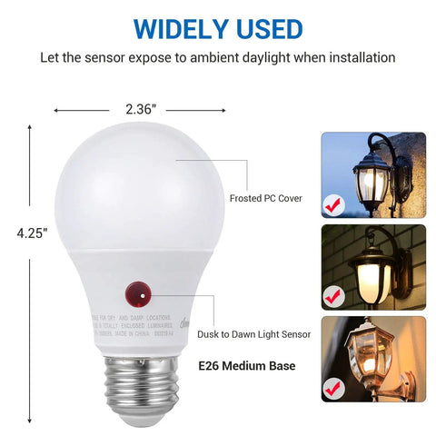 Outdoor Dusk To Dawn LED A19 Light Bulbs Pack 9W 60W Equivalent 2700K Warm White 800 Lumens E26 Base Auto On Off Sensor