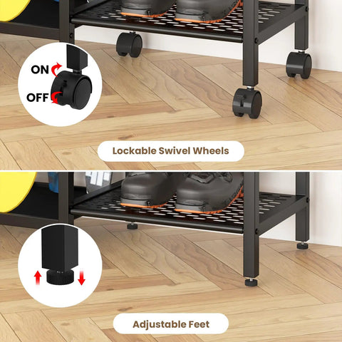 Lockable swivel wheels and adjustable feet of the freestanding ski and snowboard stand, showcasing sturdy design and mobility features.